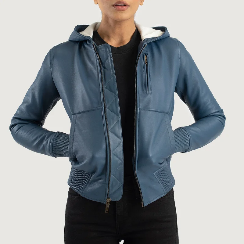 Luna Blue Hooded Leather Bomber Jacket Fleece Jacket Down Jacket Parka