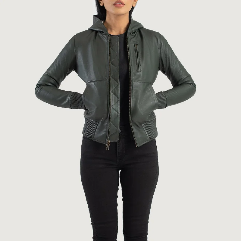 Luna Green Hooded Leather Bomber Jacket Elasticated Jacket Padded Jacket Insulated Jacket