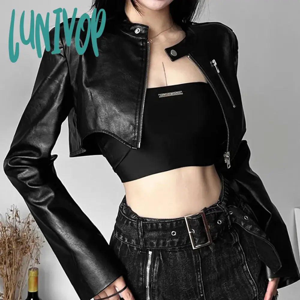 Lunivop Goth Dark Zipper Cyber Gothic Y2k Crop Jackets Grunge Punk Style Faux Leather Coats Female Fashion Streetwear Irregular Hem Coat Striped Jacket Polka Dot Jacket Floral Jacket