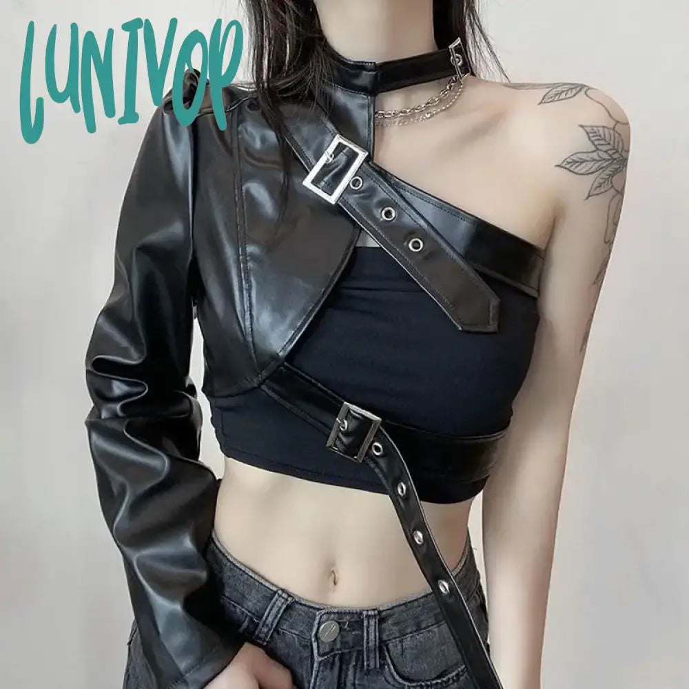 Lunivop Gothic Black PU Leather Jacket Women One Shoulder Halter Buckle Hip Hop Fashion Streetwear Zipper Up Cropped Jackets Woman Striped Jacket Polka Dot Jacket Floral Jacket