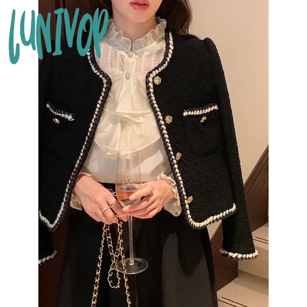 Lunivop Vintage Women's Jacket New Korean Fashion Black Chic Office Ladies Casual Elegant Long Sleeve Single Breasted Coat Female Blazer Plaid Jacket Tartan Jacket Houndstooth Jacket