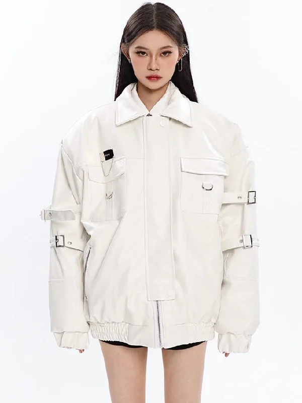 Maya Solid Color White Long Sleeve Multi-Strap Long Sleeve Zip Up Jacket Front Pockets Side Pockets Patch Pockets