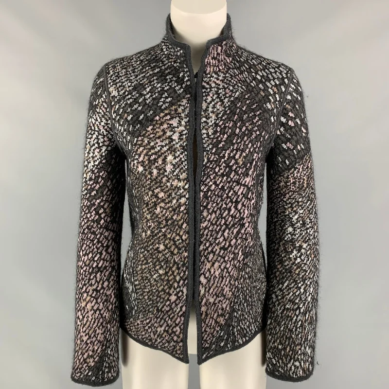 MISSONI Size 4 Charcoal & Silver Knitted Wool Blend Jacket Striped Jacket Polka Dot Jacket Floral Jacket MISSONI Size 4 Charcoal & Silver Knitted Wool Blend Jacket Striped Jacket Polka Dot Jacket Floral Jacket