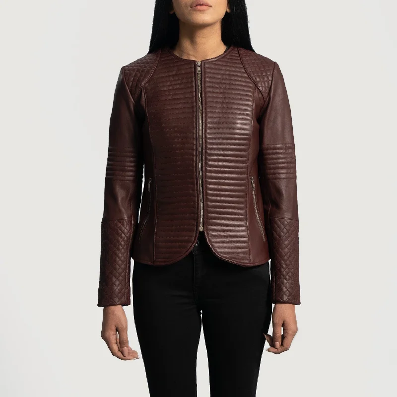 Nexi Quilted Maroon Leather Jacket Ribbed Jacket Pleated Jacket Ruffled Jacket