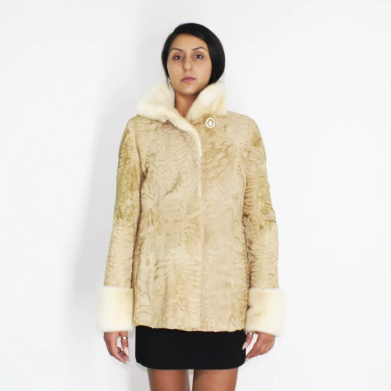 OMIKRON Astrakhan pearl jacket with pearl mink trimming Boat Neck Shawl Collar Notched Collar OMIKRON Astrakhan pearl jacket with pearl mink trimming Boat Neck Shawl Collar Notched Collar