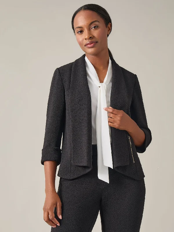 Open Front Notch Collar Jacket, Crosshatch Zip Front Button Front Snap Front