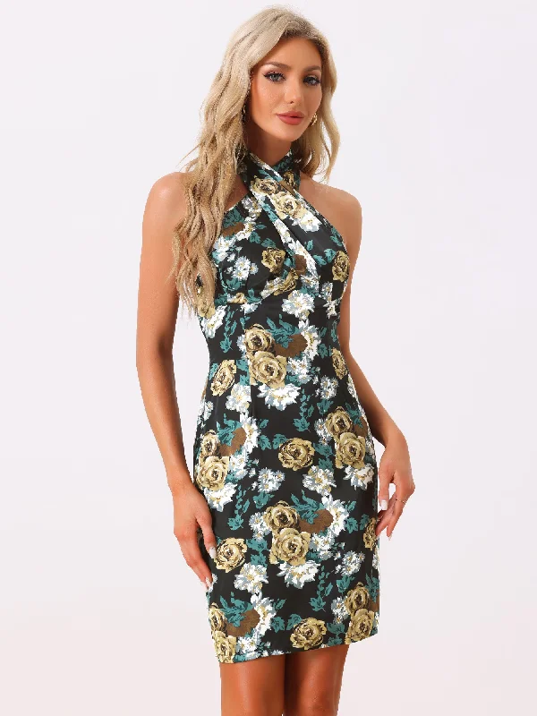 Floral Halter Neck Sleeveless Satin Mini Dress Stylish Floral Print Mini Dress