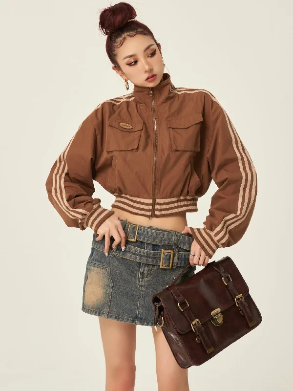 Paige Brown Stripe Long Sleeve Zip Up Turtleneck Multi-Pocket Jacket Denim Jacket Leather Jacket Suede Jacket