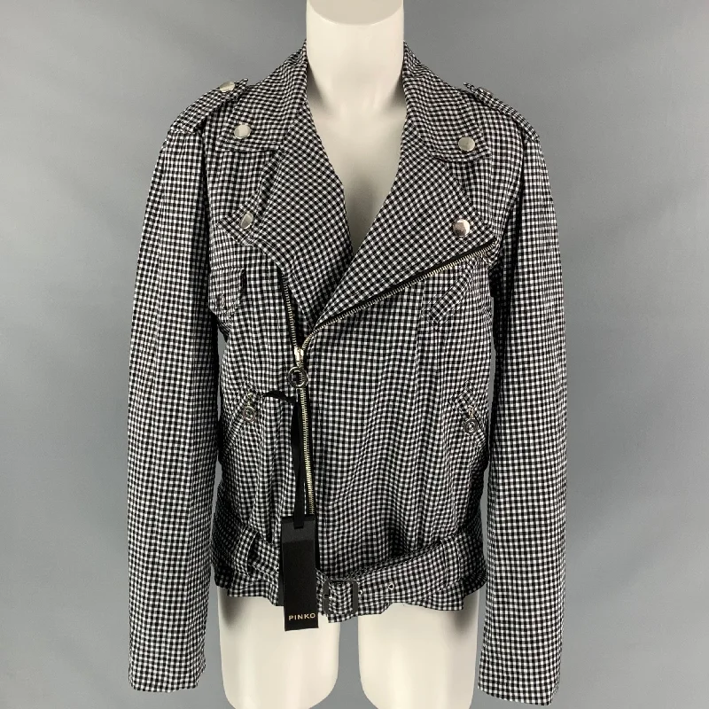 PINKO Size 6 Black & White Gingham Cotton Asymmetrical Jacket Hoodie Zip-Up Jacket Button-Up Jacket PINKO Size 6 Black & White Gingham Cotton Asymmetrical Jacket Hoodie Zip-Up Jacket Button-Up Jacket