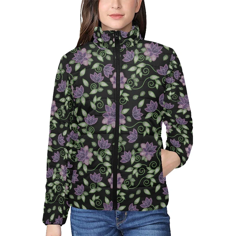 Purple Beaded Rose Women's Stand Collar Padded Jacket Welt Pockets Slit Pockets Flap Pockets Purple Beaded Rose Women's Stand Collar Padded Jacket Welt Pockets Slit Pockets Flap Pockets