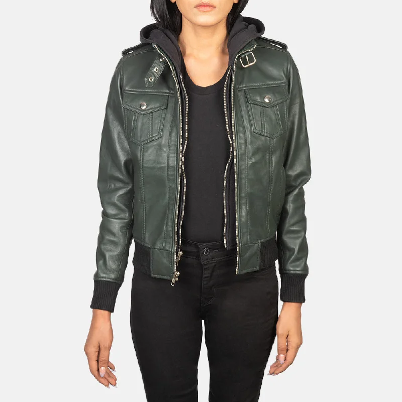 Roslyn Green Hooded Leather Bomber Jacket Knit Jacket Woven Jacket Fleece Jacket
