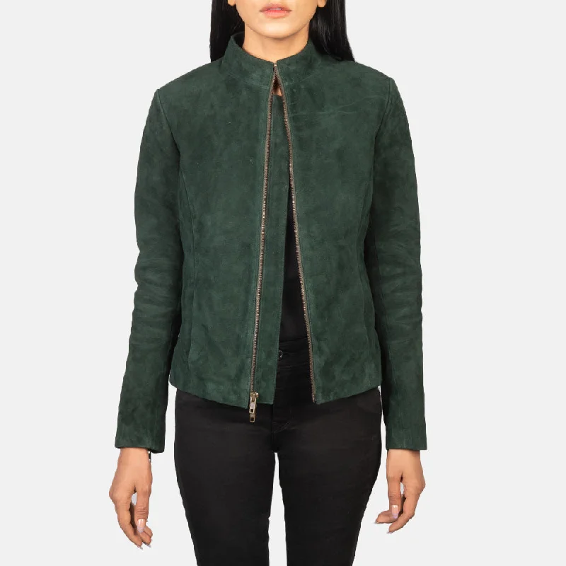 Rumella Green Suede Biker Jacket Tiered Jacket Buttoned Jacket Zippered Jacket