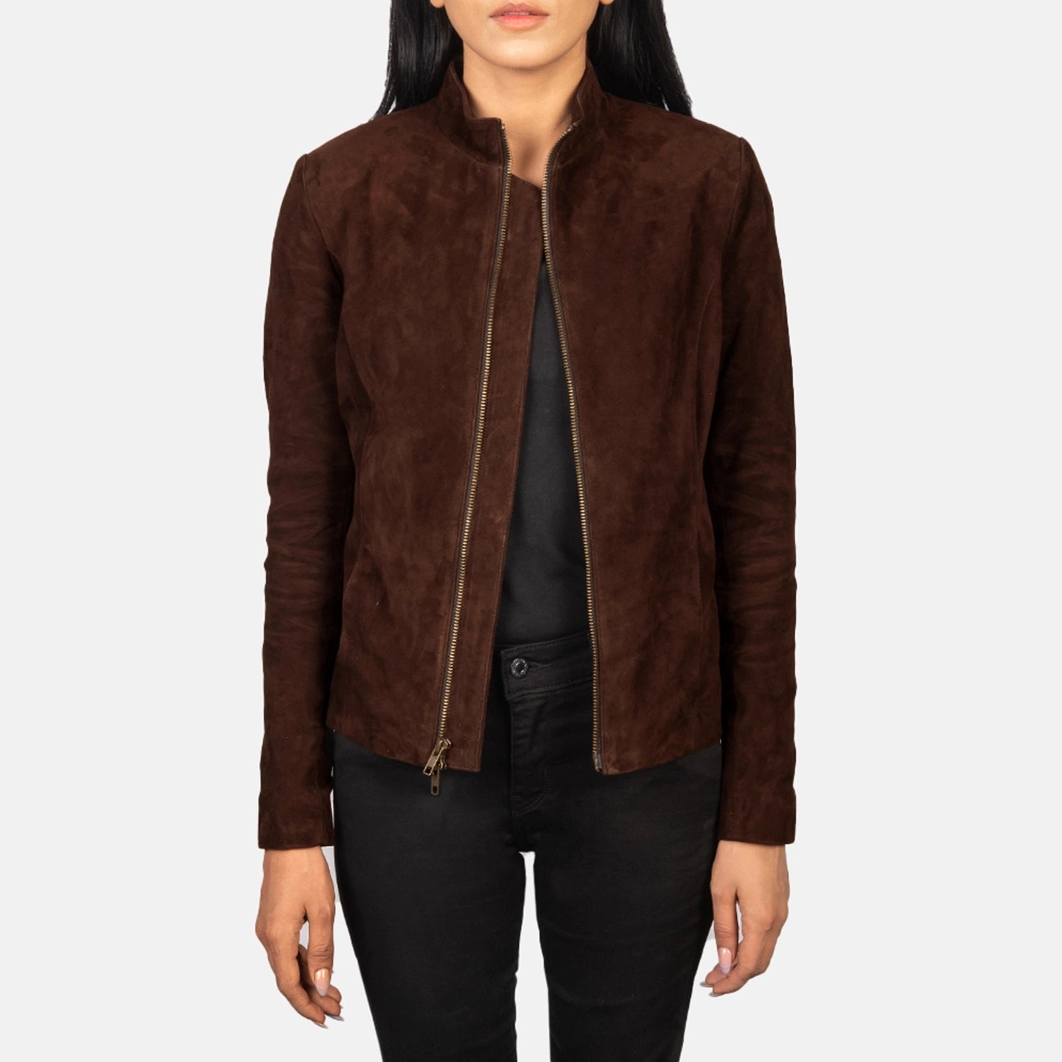 Rumella Mocha Suede Biker Jacket Stand-Up Collar Roll-Neck Collar Turtle Neck