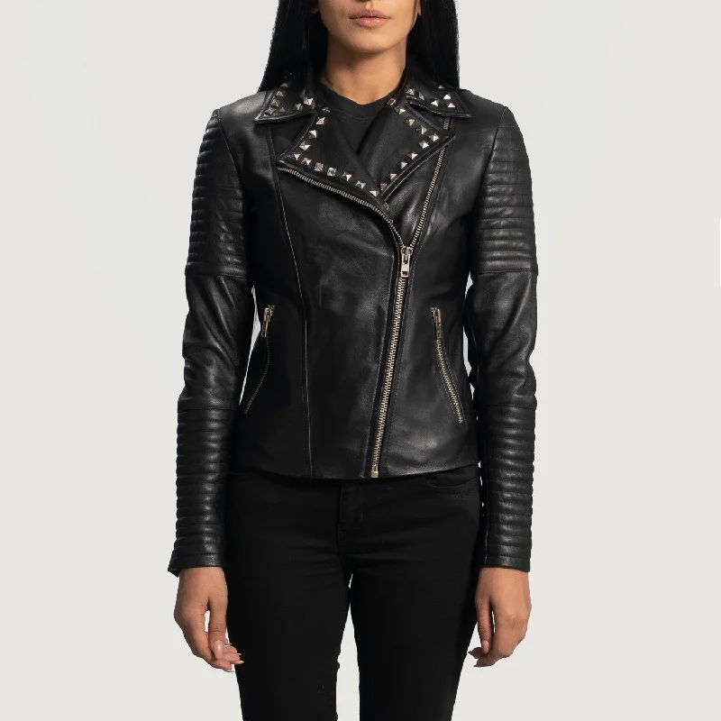 Sally Mae Studded Black Leather Biker Jacket Satin Jacket Silk Jacket Chiffon Jacket