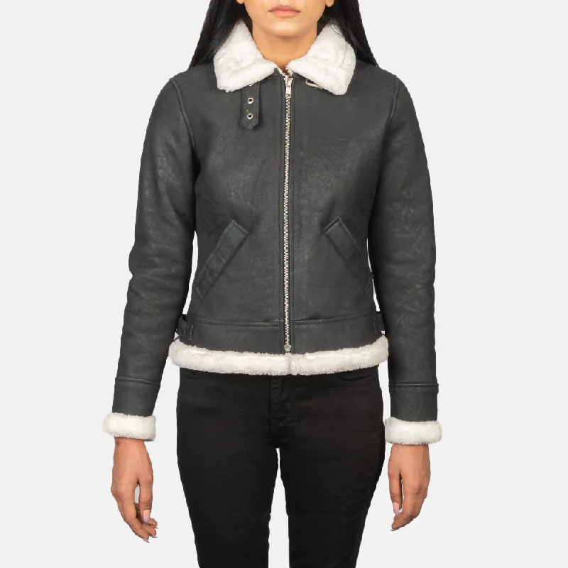 Sherilyn B-3 Black & White Leather Bomber Jacket Ribbed Jacket Pleated Jacket Ruffled Jacket