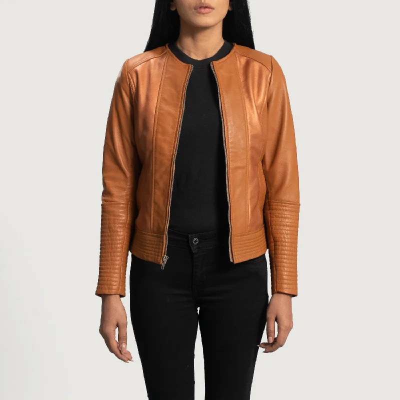 Sleeky Clean Tan Leather Biker Jacket Boat Neck Shawl Collar Notched Collar