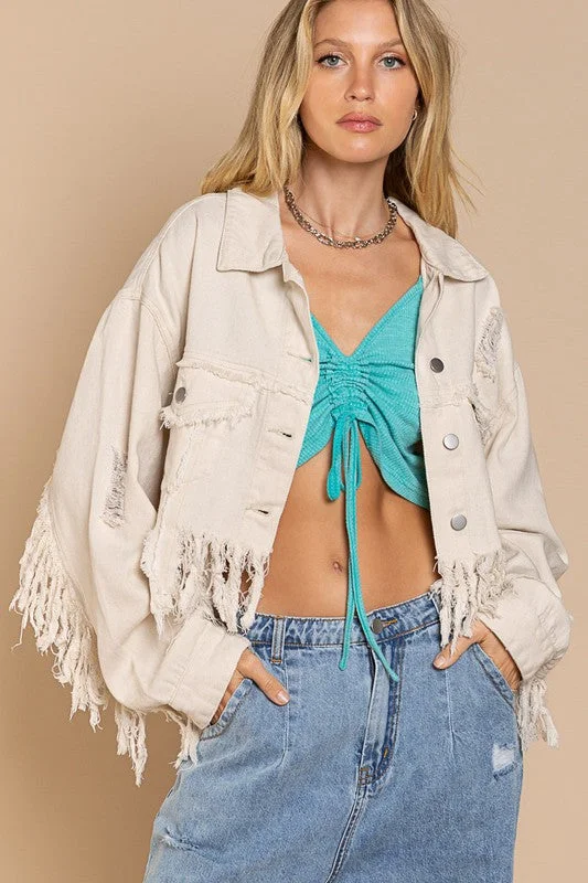 Denim distressed fringe jacket Appliqued Jacket Beaded Jacket Sequined Jacket