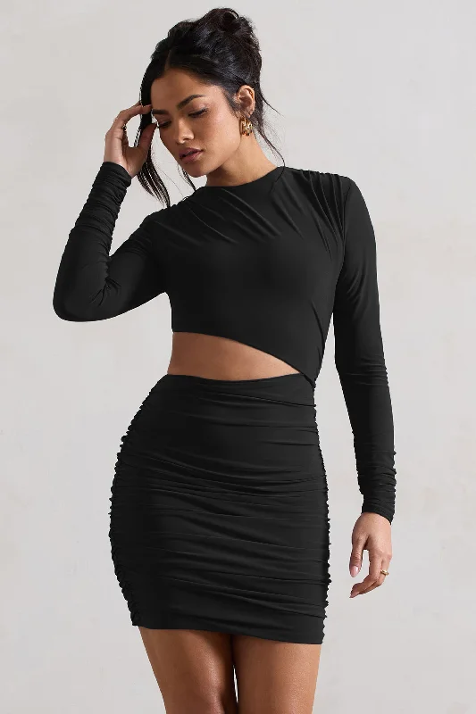 Tana | Black Ruched Bodycon Long Sleeve Cut-Out Mini Dress Comfortable Bodycon Mini Dress Tana | Black Ruched Bodycon Long Sleeve Cut-Out Mini Dress Comfortable Bodycon Mini Dress