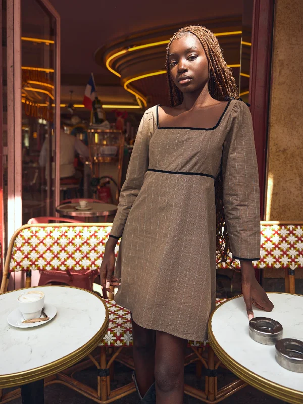 Tatum Mini Dress in Coco Check With Baby Blue Pinstripe Fashionable Party Mini Dress