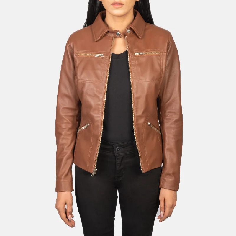 Tomachi Brown Leather Jacket Snapped Jacket Toggled Jacket Drawstring Jacket