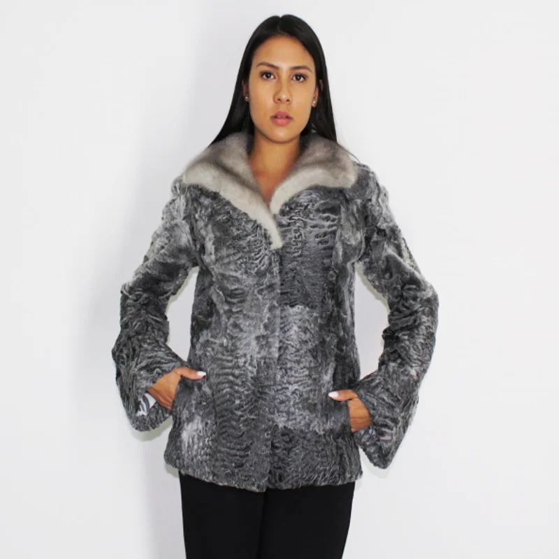 TRIANTA Astrakhan grey jacket with sapphire mink collar Anorak Shell Jacket Lightweight Jacket TRIANTA Astrakhan grey jacket with sapphire mink collar Anorak Shell Jacket Lightweight Jacket