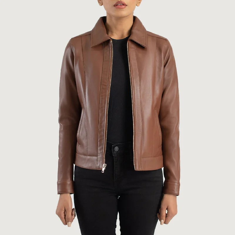 Vixen Brown Classic Collar Leather Jacket Wool Fabric Cashmere Fabric Tweed Fabric