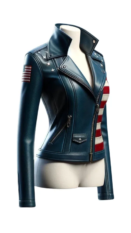 Women Blue Leather Jacket with American Flag Embroidered Jacket Appliqued Jacket Beaded Jacket Women Blue Leather Jacket with American Flag Embroidered Jacket Appliqued Jacket Beaded Jacket