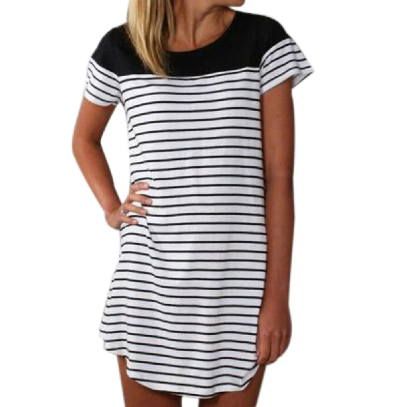 Women Patchwork Dress Striped Print Splicing Asymmetric Short Sleeve Mini Dress Cheap Summer Dress Drop Shipping Stylish Sweetheart Neck Mini Dress Women Patchwork Dress Striped Print Splicing Asymmetric Short Sleeve Mini Dress Cheap Summer Dress Drop Shipping Stylish Sweetheart Neck Mini Dress
