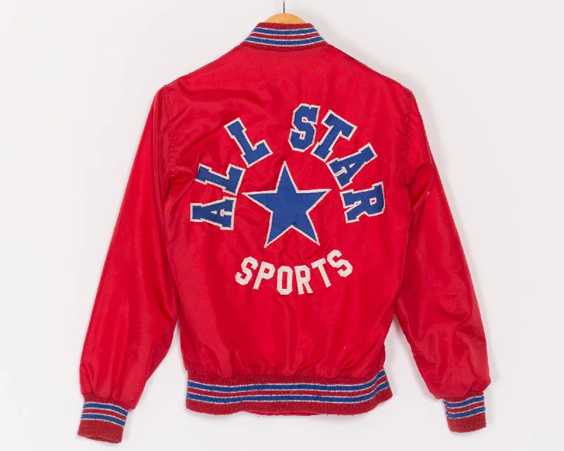 XS 80s All Star Sports Red Varsity Jacket Welt Pockets Slit Pockets Flap Pockets