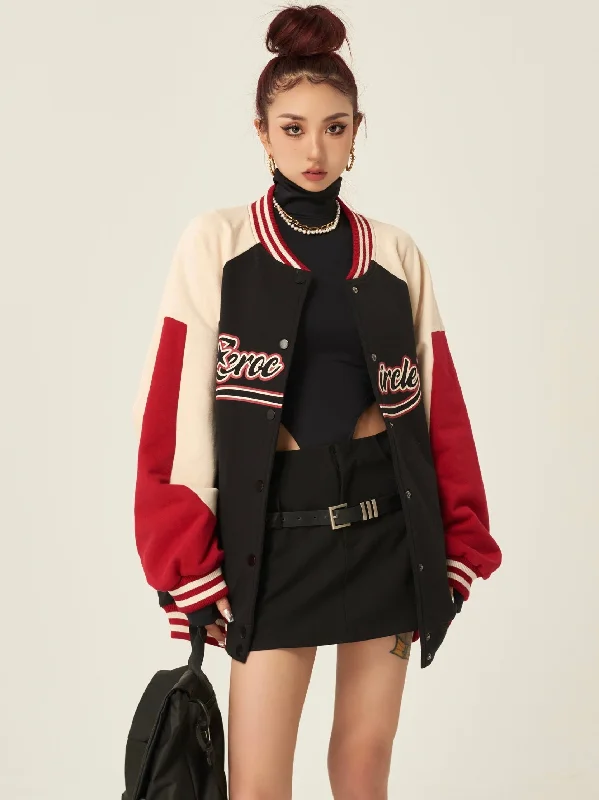 Zerocircle Letter Print Patchwork Long Sleeve Button Up Varsity Jacket Lace Jacket Ribbed Jacket Sequined Jacket