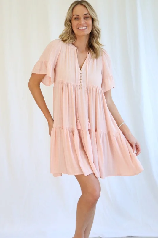 Kamira Mini Dress - Baby Pink Casual V-Neck Mini Dress