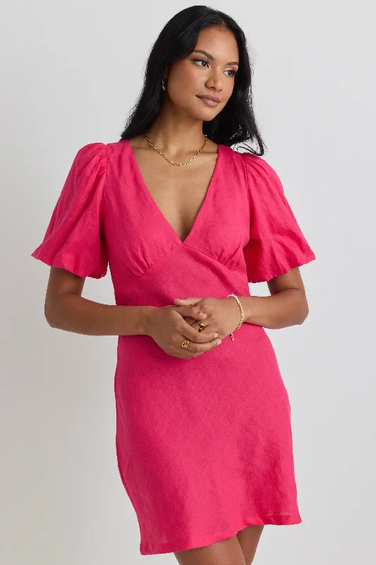 Amour Hot Pink Linen Bubble Sleeve Mini Dress Trendy Tie-Dye Mini Dress