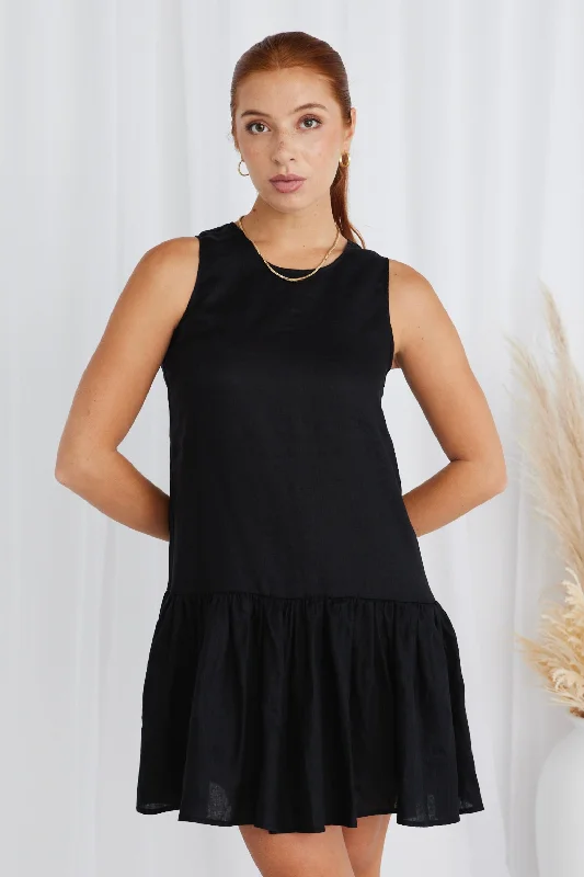 Ava Black Linen Sleeveless Frill Hem Smock Mini Dress Comfortable Bodycon Mini Dress