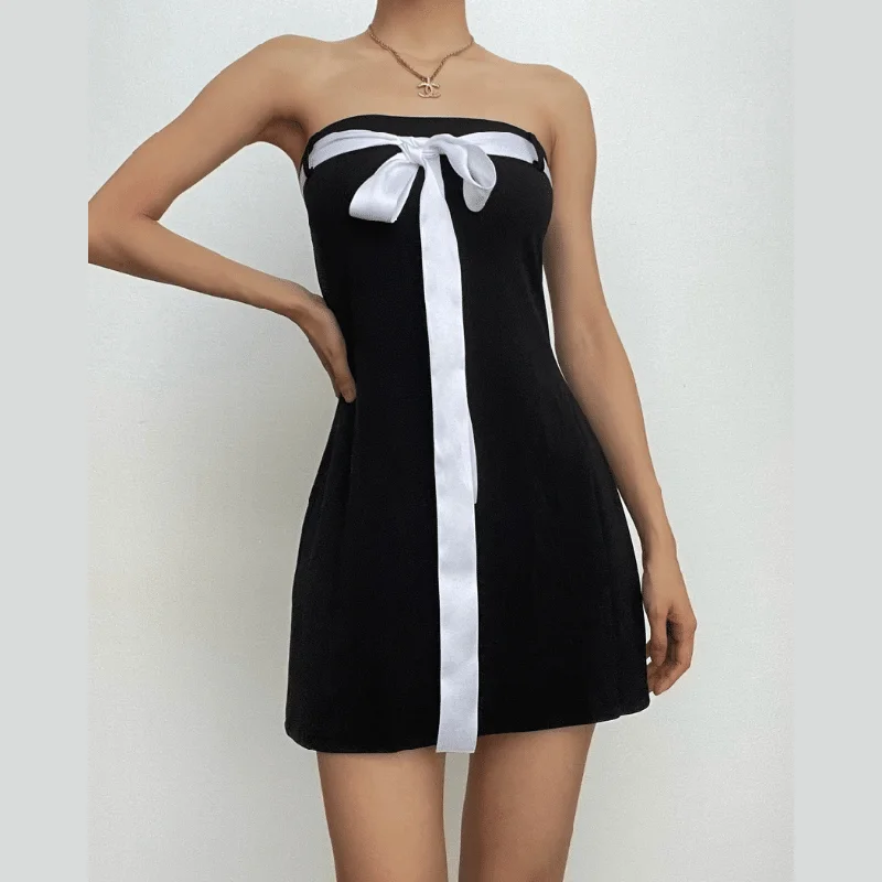 Backless bowknot contrast tube mini dress Fashionable Polka Dot Mini Dress