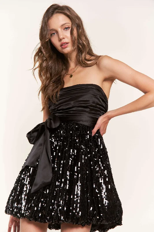 BLACK SEQUIN SELF-TIE WAIST BOW PEPLUM HEM MINI DRESS IBD9726 Comfortable Ruffle Mini Dress