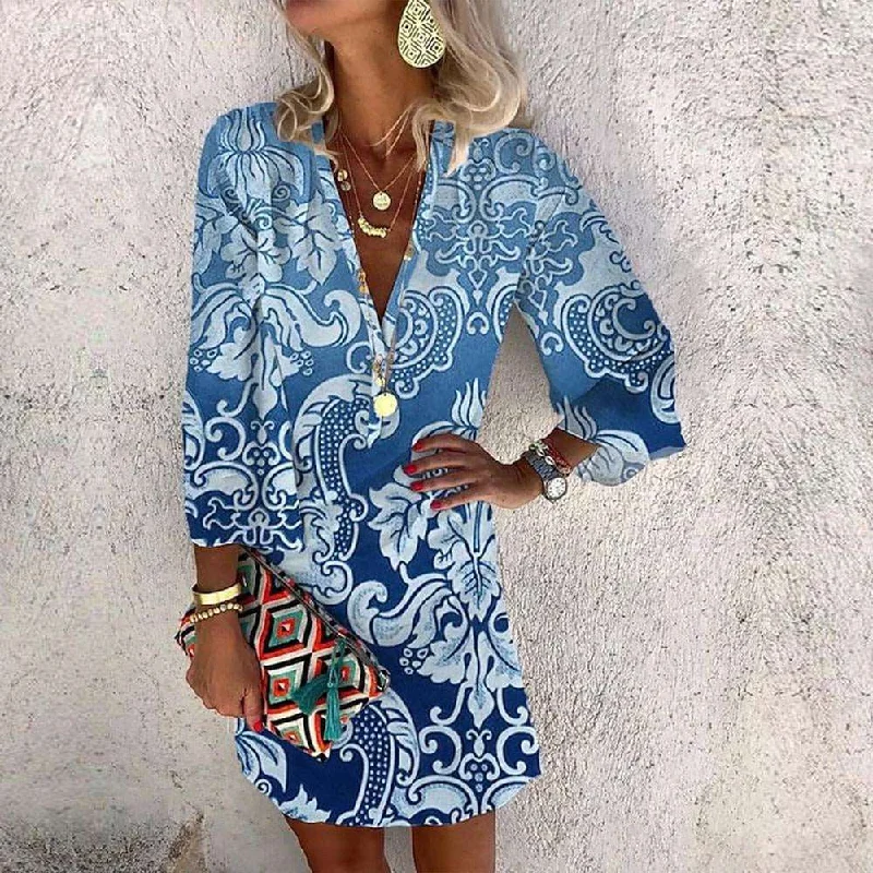 Breezy Blue Long Sleeve Mini Dress Comfortable Shift Mini Dress