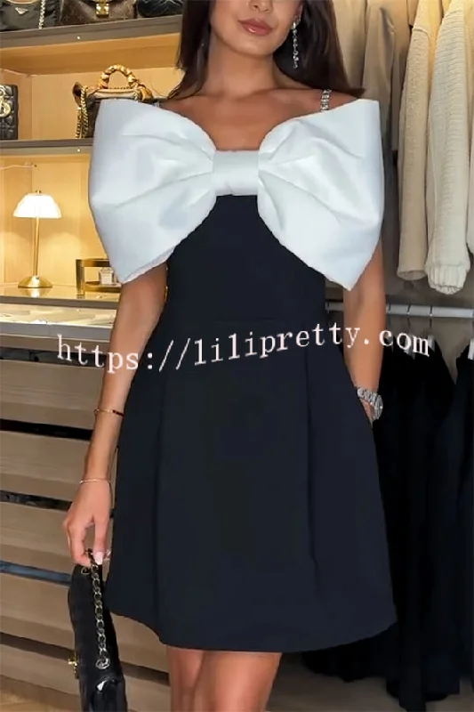 Eye-catching Satin Bow Applique Diamond Strap Contrast Pocketed Mini Dress Elegant Vintage Mini Dress