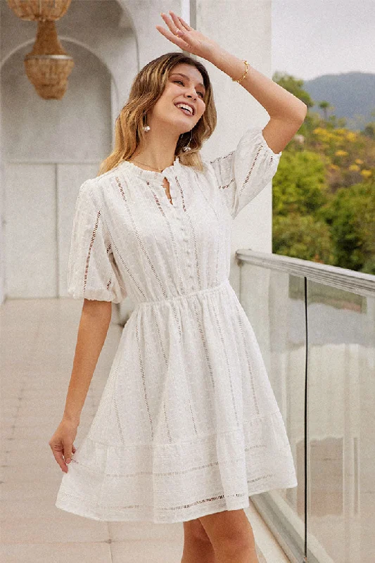 Cotton Hollow Embroidered Mini Dress Fashionable Boho-Chic Mini Dress