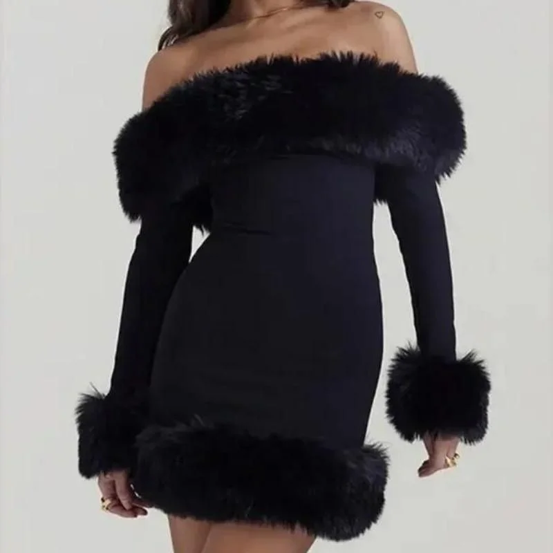 Elegant Off-Shoulder Fur-Trimmed Bodycon Mini Dress Trendy Button-Detail Mini Dress