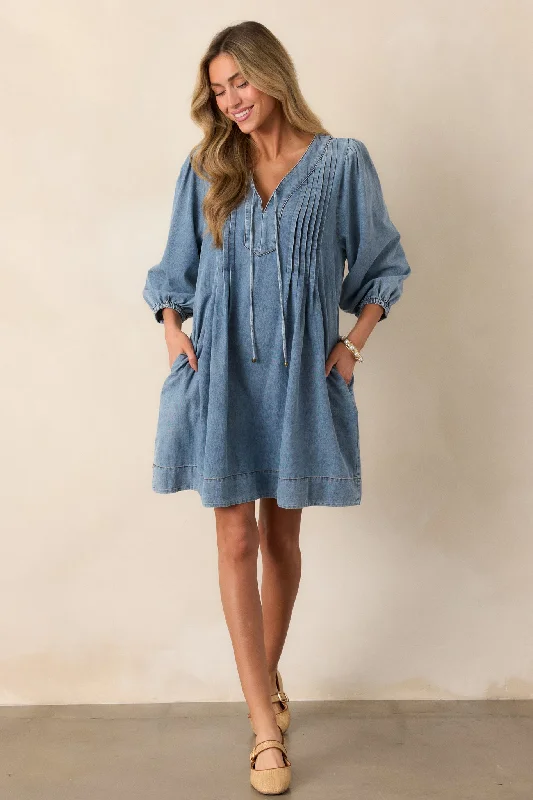 Endless Possibilities Light Wash Denim Mini Dress Trendy Button-Detail Mini Dress