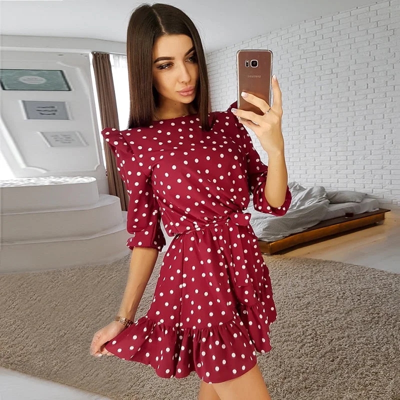 Fashion Ruffle Trim Sashes Women Summer Dress 3/4 Sleeves Round Neck Dot Print Casual Dress Girls Sweet Cute A Line Mini Dresses Stylish Puff Sleeve Mini Dress