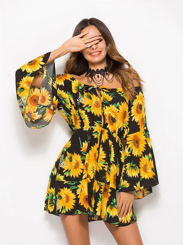 Floral Coast Sunflower Print Mini Dress Stylish Sweetheart Mini Dress