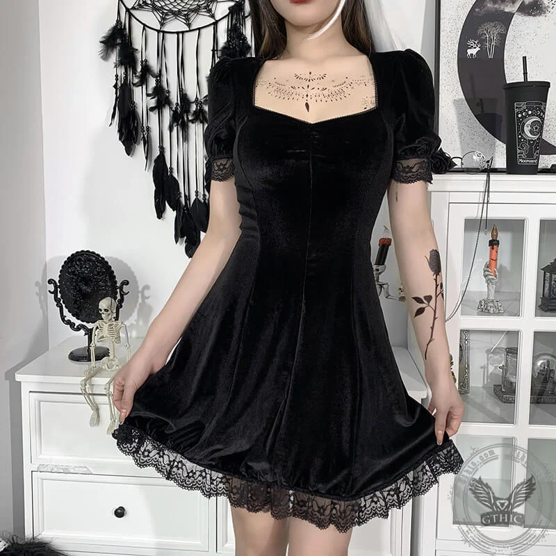 Gothic A Line Polyester Mini Dress Elegant Mini Dress with Pleats