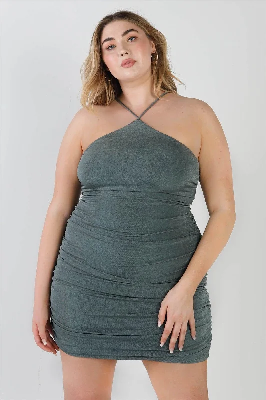 Plus Size Sage Ruched Back Lace Down Mini Dress /2-2-2 Comfortable Bodycon Mini Dress