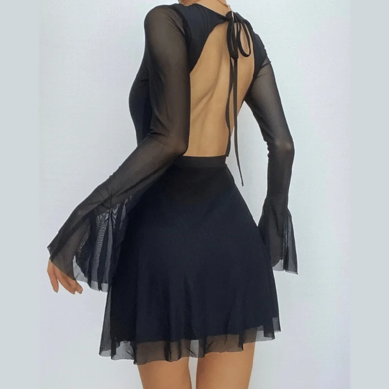 Long flared sleeve crewneck self tie mesh backless mini dress Chic Sleeveless Mini Dress