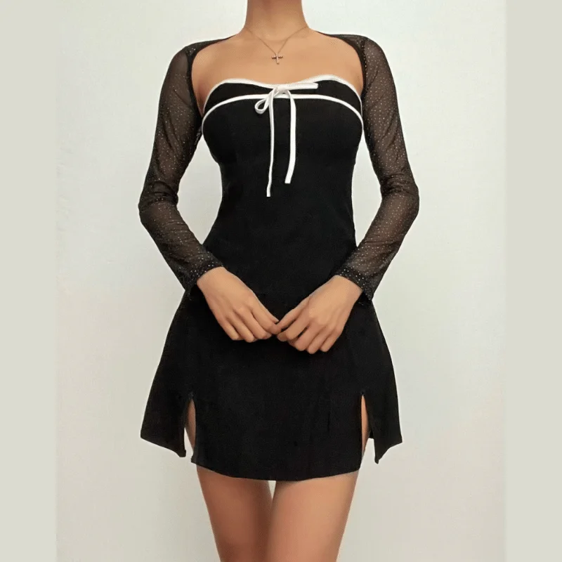 Long sleeve bowknot mesh shrug slit zip-up glitter 2 piece mini dress- Final Sale Stylish Puff Sleeve Mini Dress