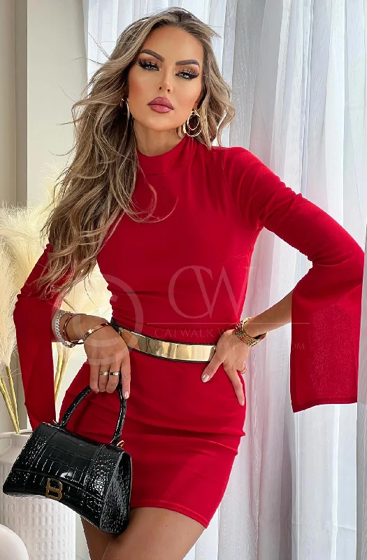 Luna Cut Out Slit Sleeve Mini Dress-Red Elegant Mini Dress with Pleats