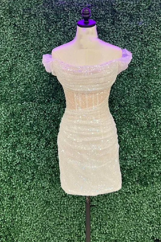 Off the Shoulder White Sequin Tight Mini Dress Casual V-Neck Mini Dress