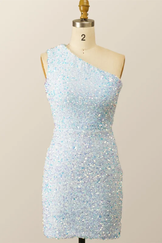 One Shoulder Sky Blue Sequin Bodycon Mini Dress Elegant Mini Dress with Ruffles