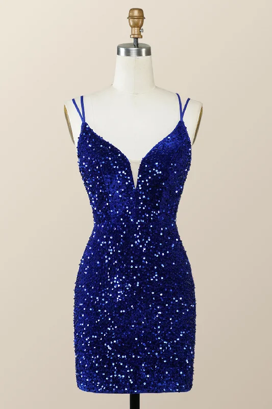 Royal Blue Sequin Tight Mini Dress with Double Straps Elegant Velvet Mini Dress